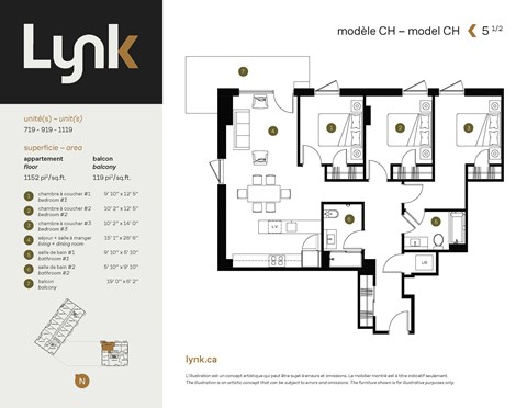 Floor plan for 3 beds, 2 baths, 1152 sqft